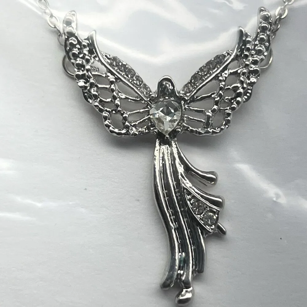 Silver Tone Guardian Angel Adjustable Necklace w/Rhinestone Lobster Claw Clasp.